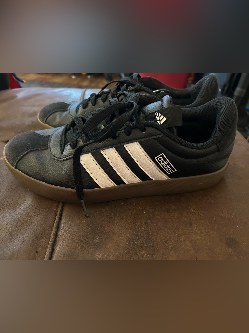 adidas Black Sneakers with White Three Stripes and Gum Sole
